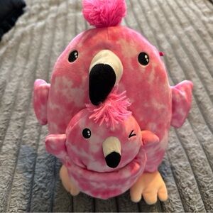 Squishmallow Mama & Baby 8 1/2" & 4 1/2” Dahlia Pink Flamingo Baby Pouch Carrier